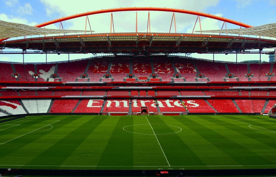 Interior view of a large football stadium with a neatly maintained grass pitch marked with white lines, surrounded by red and white seating sections displaying the Arsenal logo. The stadium’s roof structure is visible overhead, supported by orange and steel framework, with a clear blue sky in the background. The image shows an empty arena suitable for home relocation or furniture transport services, with no people or moving equipment present. This setting aligns with the context of house removals and packing and moving processes managed by Man and Van Highbury, serving the Canonbury to Emirates Stadium area.